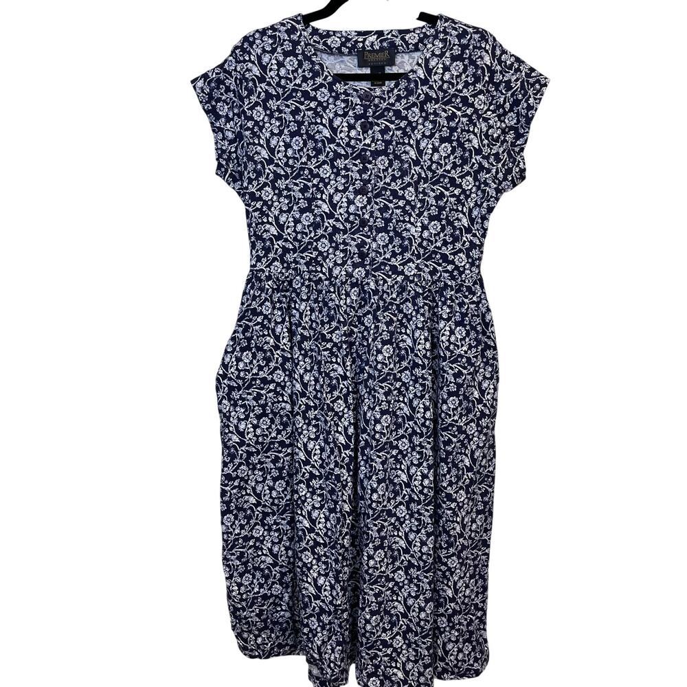 Premiere Dresses Petite Blue Floral Cotton Midi Dress Women’s Medium As-Is